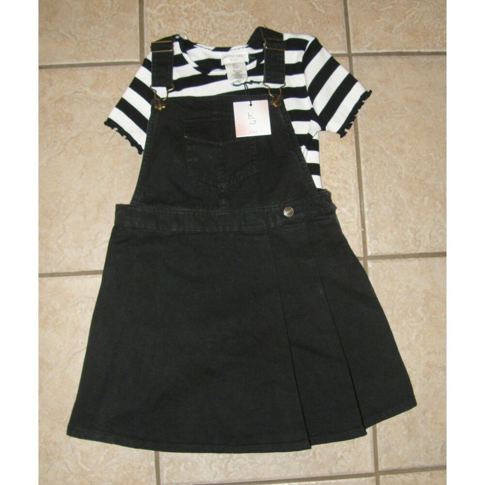 NEW NWT Girls Sz 7 Black Denim Jumper Dress & Shirt 2 Pc Set Outfit HAPPILY GREY